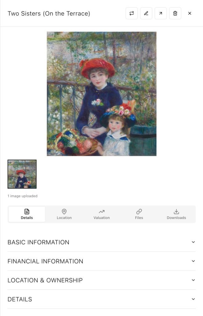 Artwork detail panel showing Two Sisters by Renoir