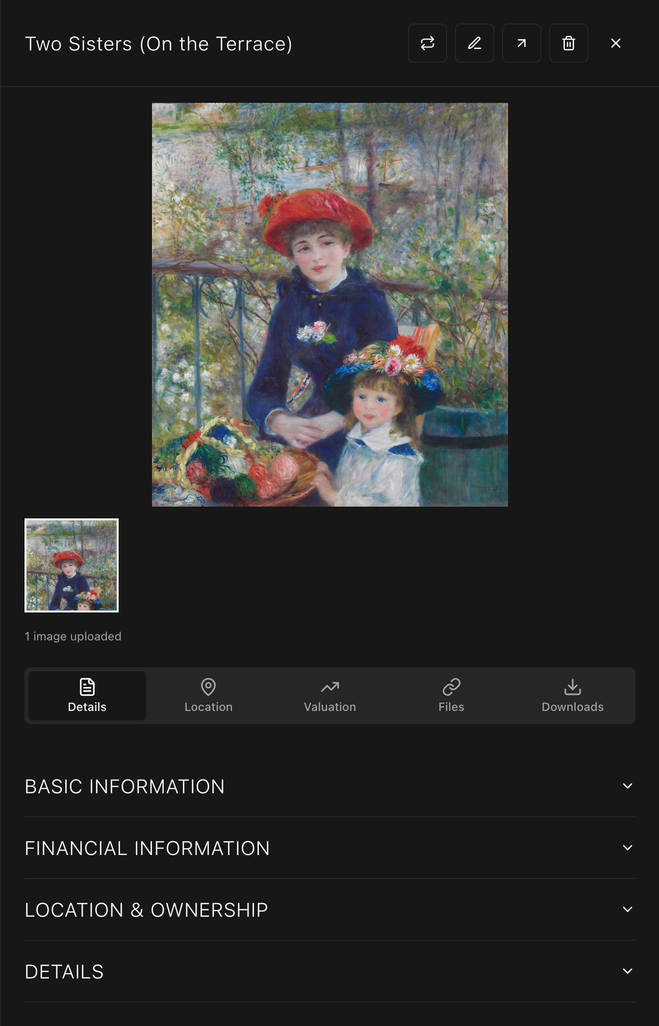 Artwork detail panel showing Two Sisters by Renoir